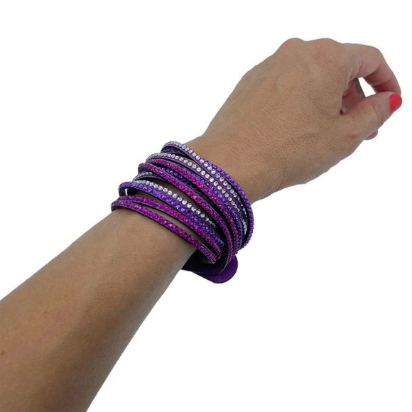 Purple Double Wrap "Moonstone" Leather Bracelet Rhinestones - Picture 1 of 5